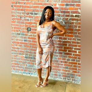 Golden Coral/ Mauve Paisley Ruched Slip Dress with Cowl Neck